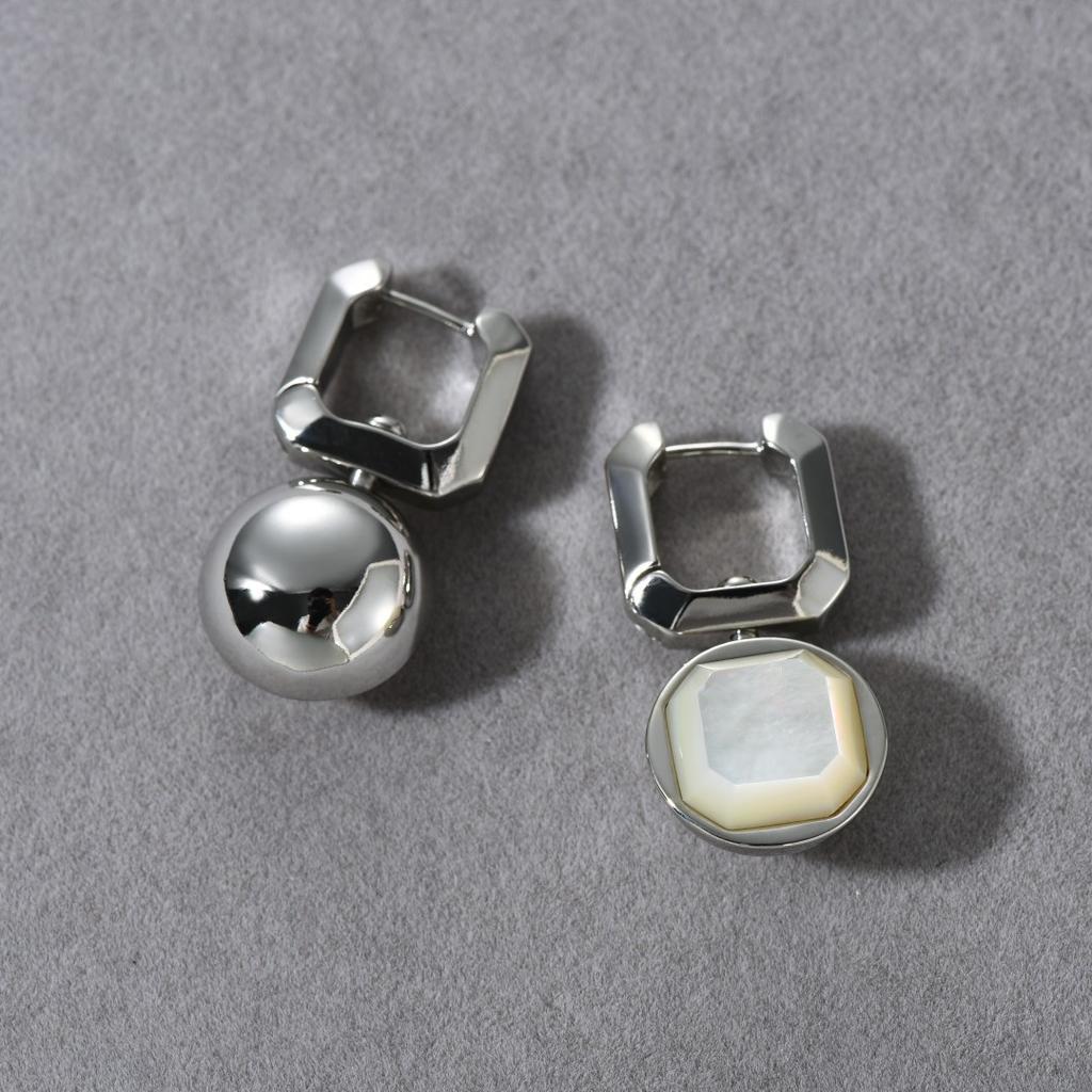 Personalized Simple Copper-Plated Platinum Inlaid White Fritillary Pendant Square Ear Buckle Earrings Fashion Temperament Earrings Women