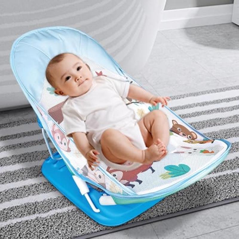 Badstol för baby, Hopfällbar bärbar badbalja för spädbarn med justerbart ryggstöd och halkskydd, Badstol för nyfödd till småbarn med dräneringshål