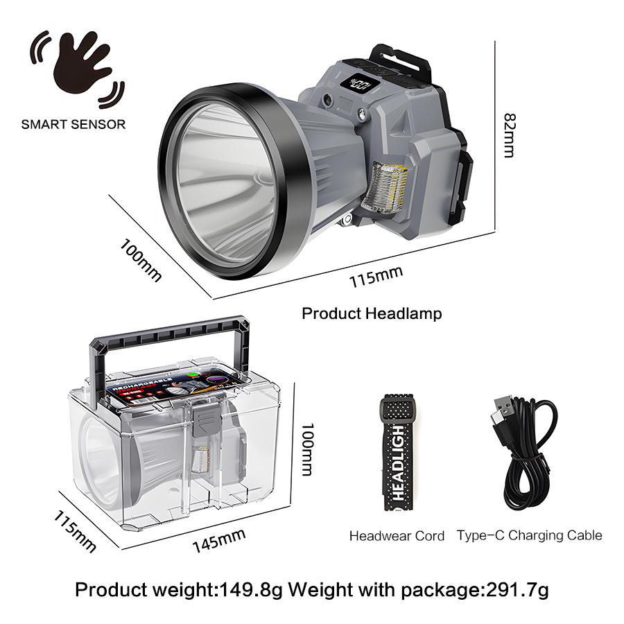 LED Multifunctional Zoom Head Light Type-c Rechargeable Digital Display Lantern Outdoor Waterproof Exploration Flashlight