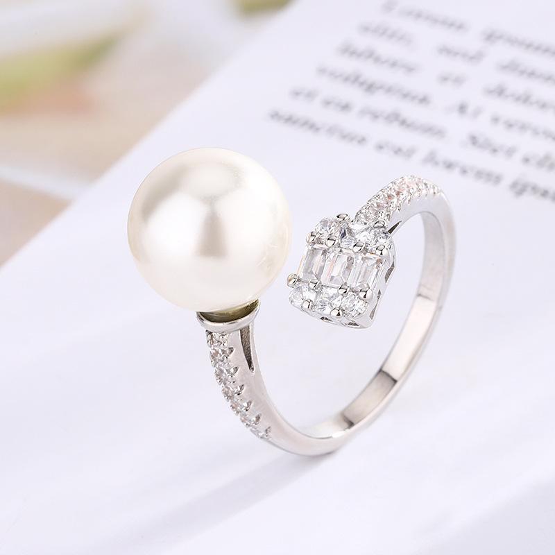 Jewelry Copper Platinum Plated Pearl Adjustable Ring Women 12Mm