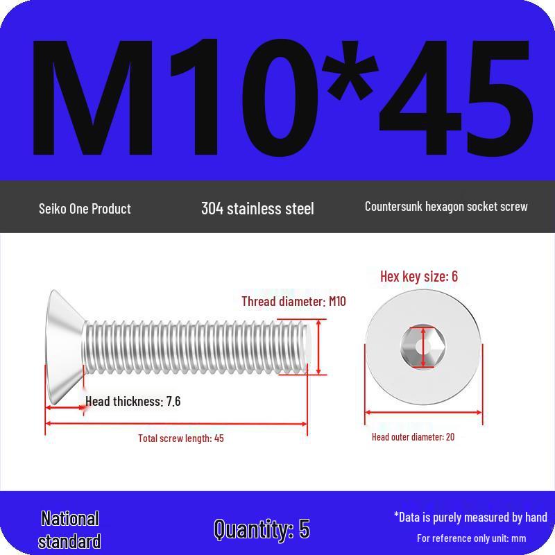 M2-M10 Stainless Steel Flat Head Machine Screws and Bolts Set, Countersunk Hex Socket Cap, 304 Grade.
