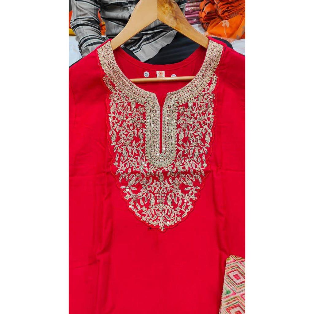 Women's Rayon Slub Embroidered Straight Kurta with Pant And Dupatta Sets