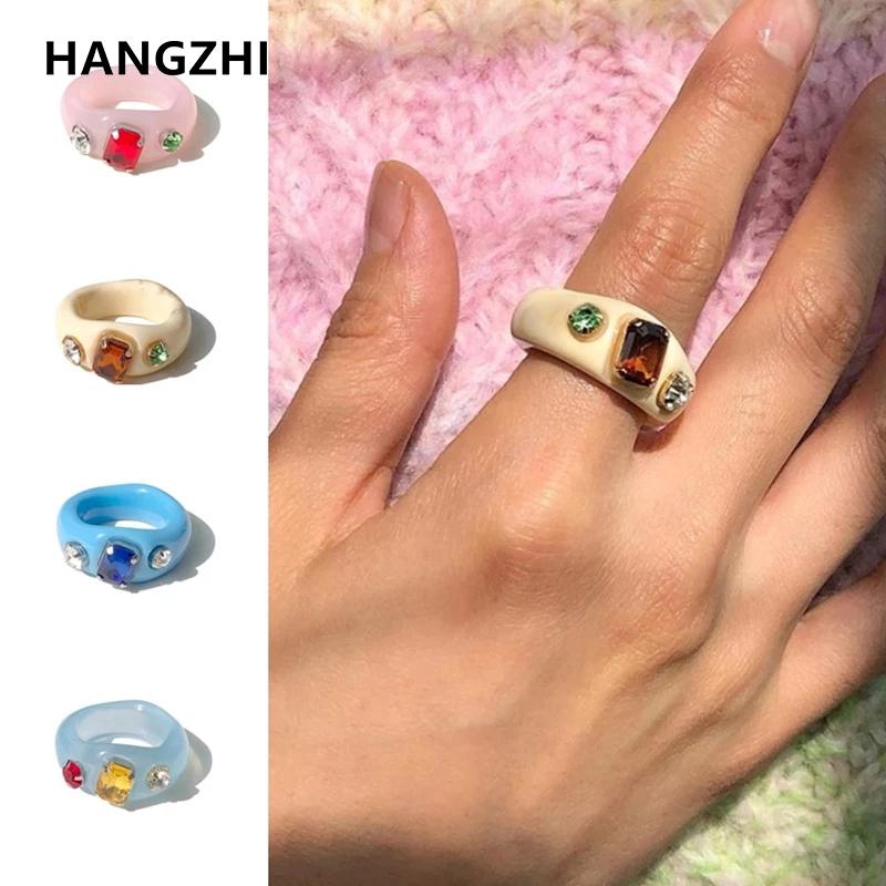 HangZhi 2020 Nuovo Anello Unico Giapponese con Strass Colorati Chunky in Plastica Acrilica Trasparente per Donne Ragazze Gioielli da Festa