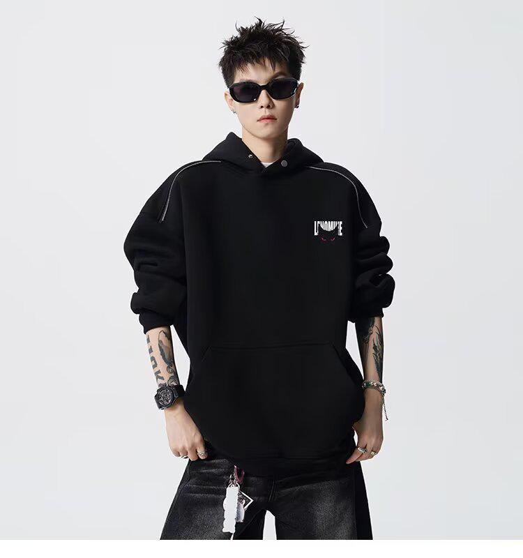 Men's Autumn Black Demon Cat Print Heavyweight Loose Fit Hoodie