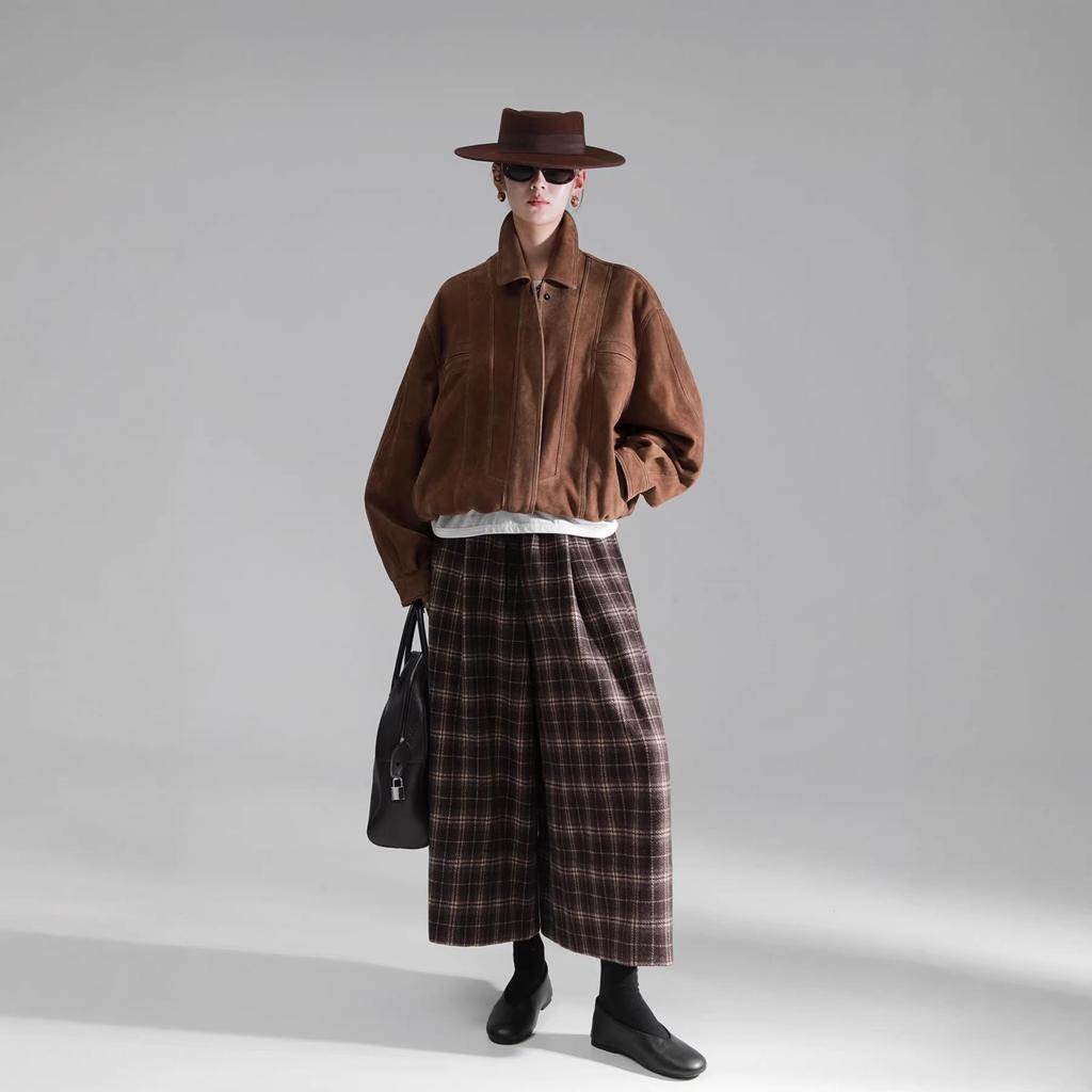 Neo-Modern Plaid Wide-Leg Wool Skirt-Pants for Women