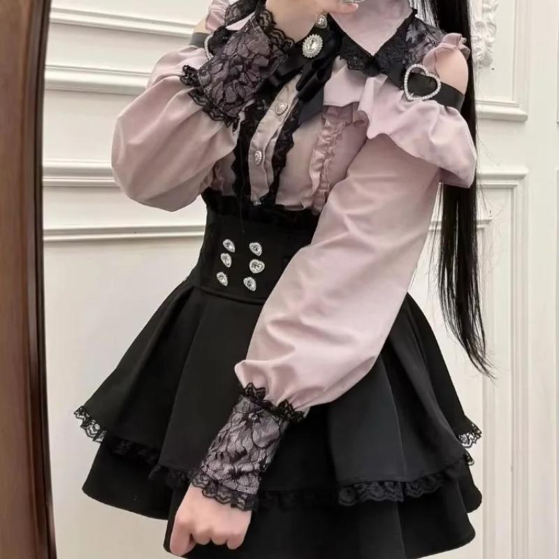Japanese Y2 Aesthetics Vintage Bow Dress Shorts Set Women Gothic Lolita Style Long Sleeve Shirt Dress Elegant Party Dress Suits