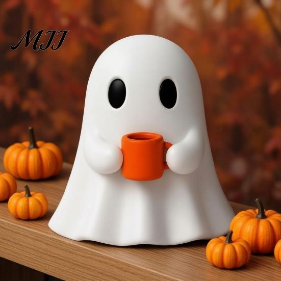 Unique Holiday Gift Ghost Drinking Coffee Figurine, 3D Printed Cute White Holding A Mug Fall Seasonal Decor Statue, Spooky Halloween Decoration