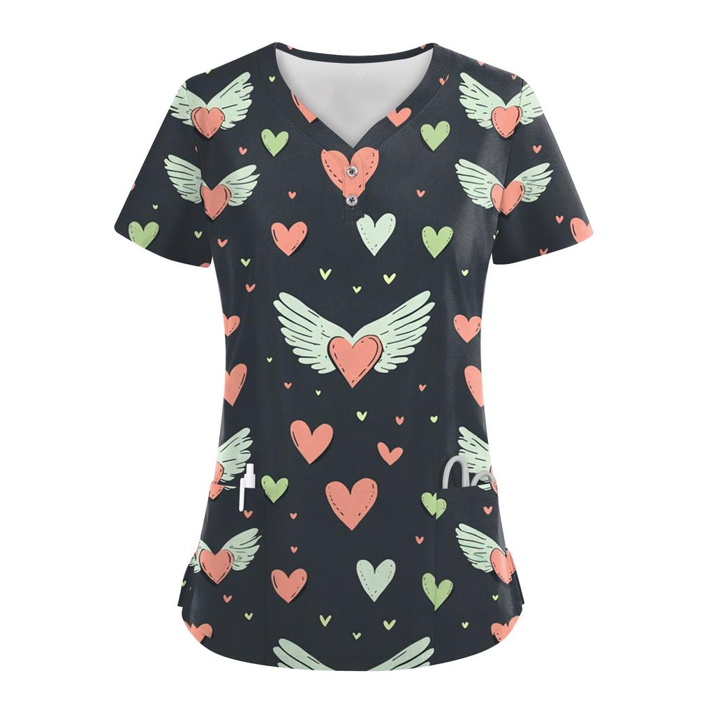 Women's Button V Neck Fashion Casual ChristmasValentine's Day Print Tops Dry-nurse Top,Scrubs Tops For Women,2 Pockets