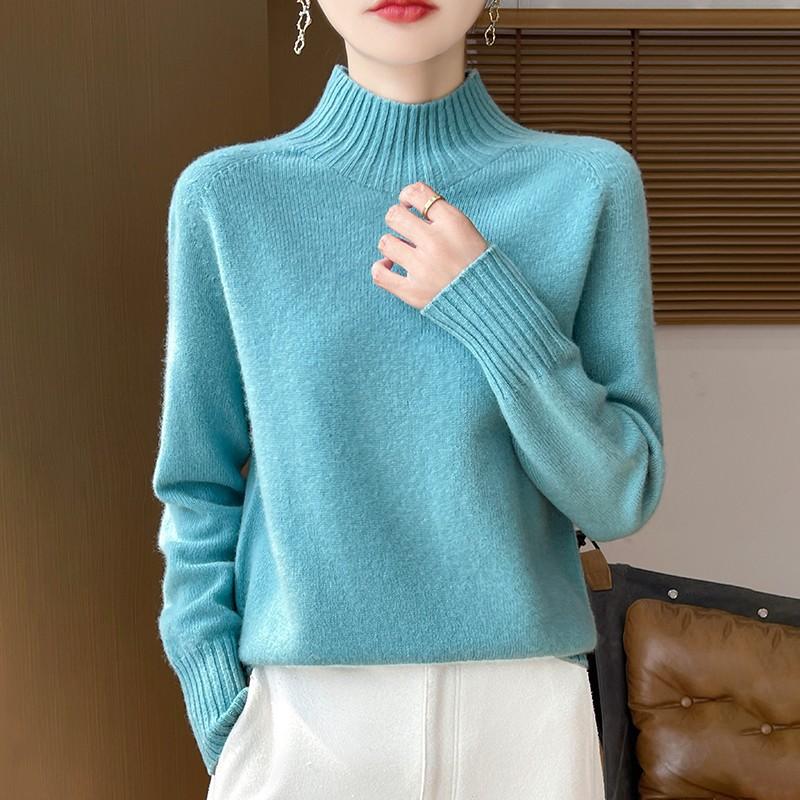 Pulover Gros de Toamnă și Iarnă cu Gât Semi-înalt din Lână pentru Femei, Simplu, Versatil, de Bază