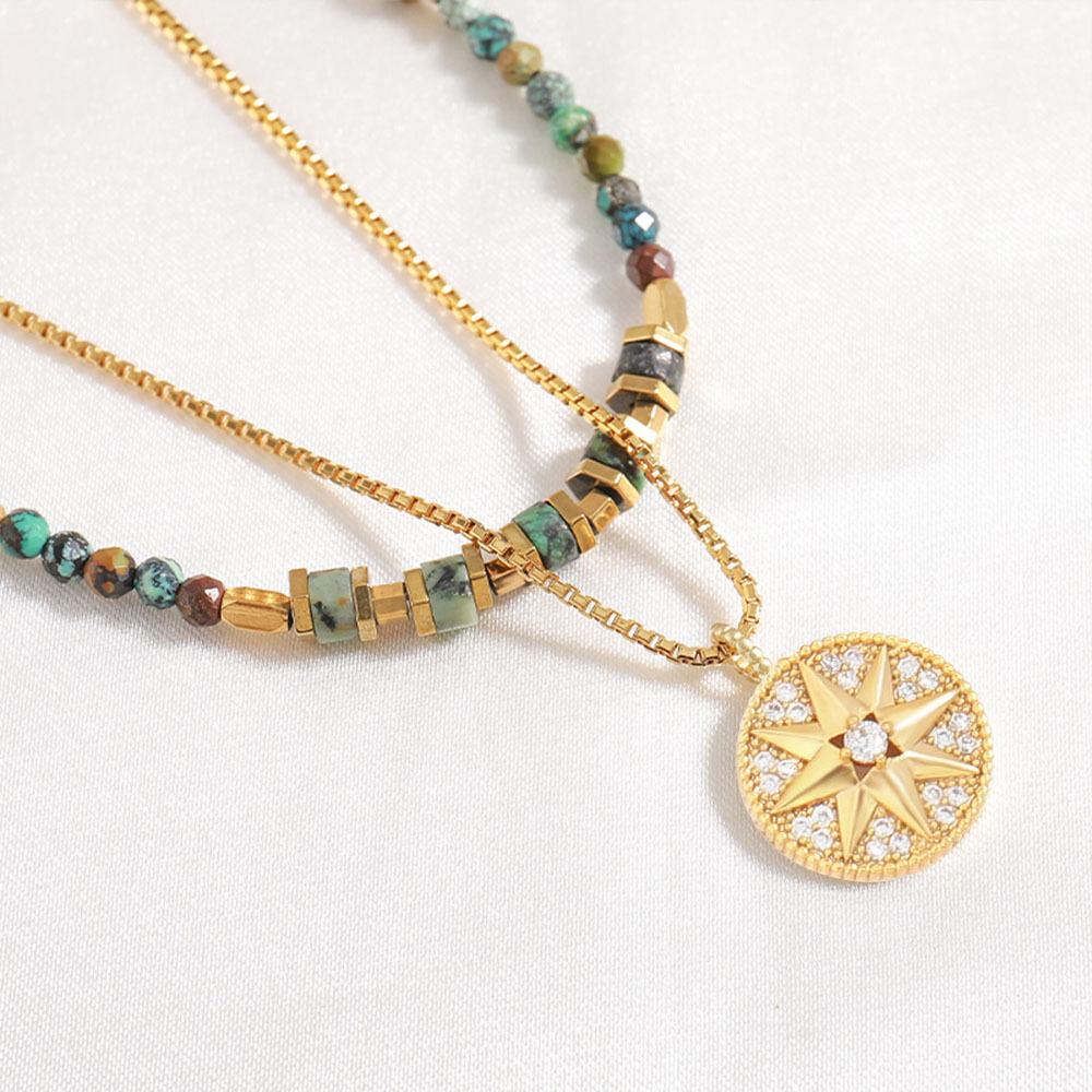 GEMCHIC Women's Vintage Layered Beaded Necklace with Geometric Pendant, Handmade Natural Stone Choker Set for Daily Wear