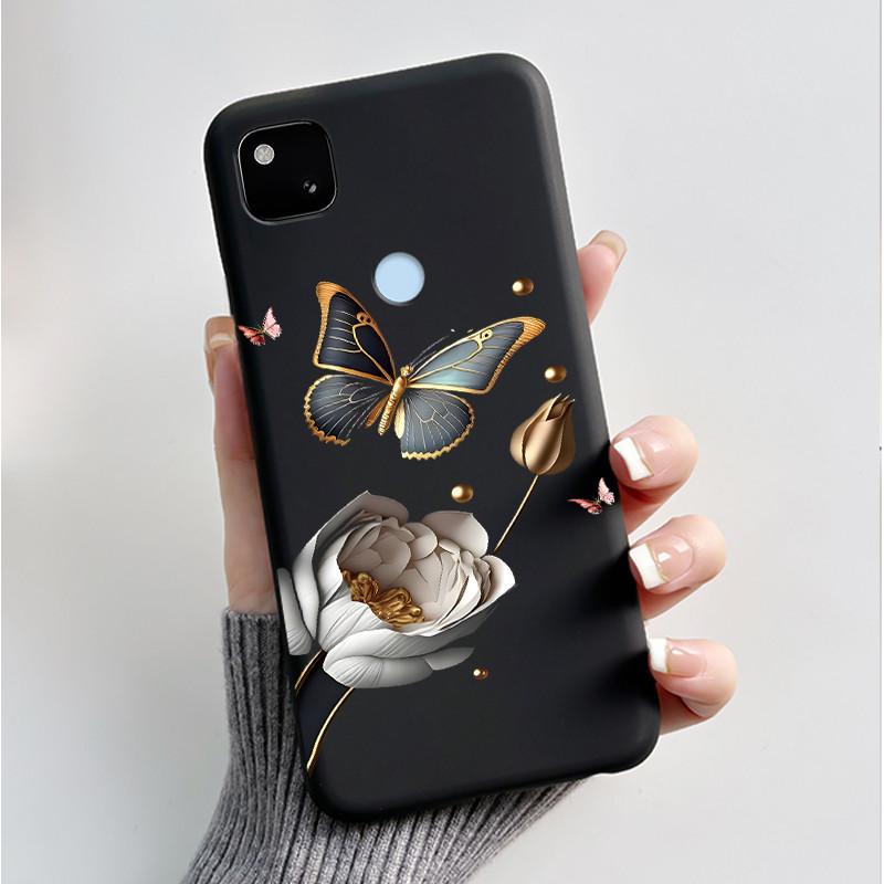 Case For Google Pixel 4a Luxury Fashion Butterfly Flowers Soft Matte TPU Silicon Back Cover Black For Pixel4a 4G 5G Phone Case