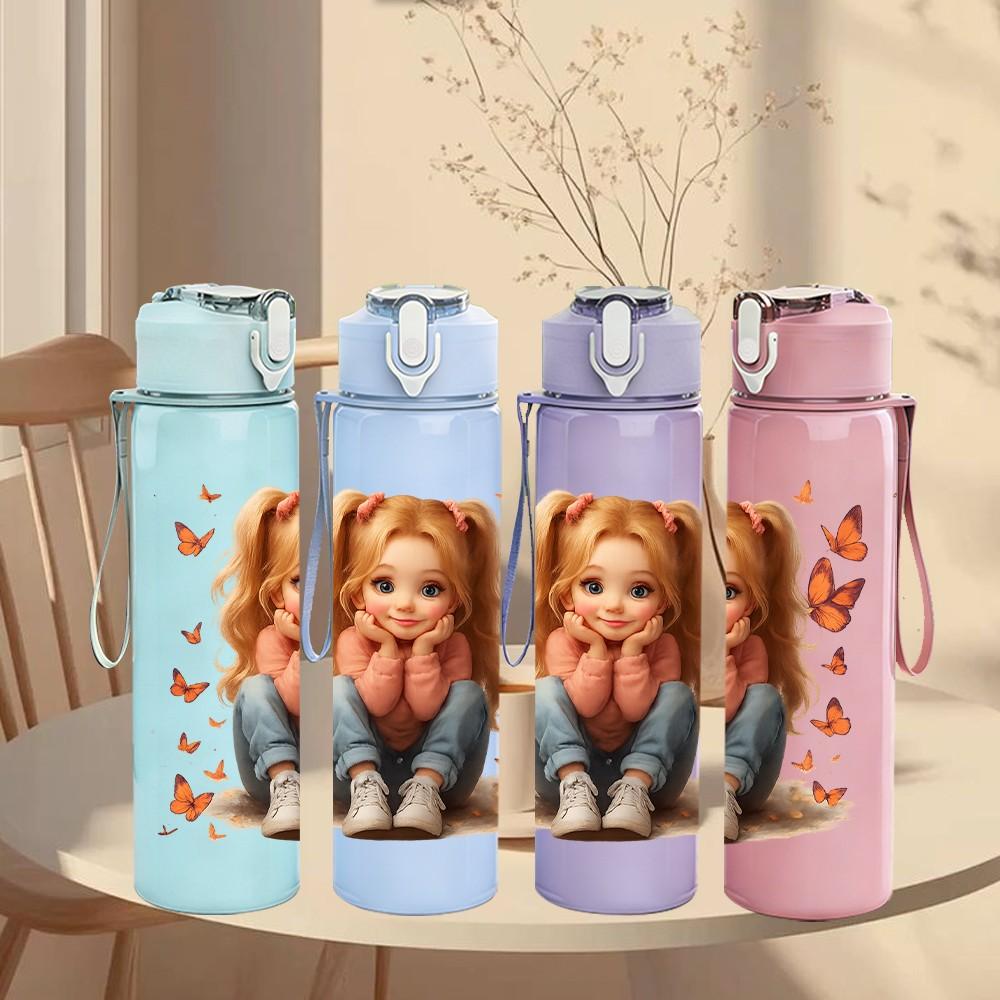 1PC Little Girl Butterfly Surround Portrait 750ml Color Plastic Sports Water Bottle Leakproof Flip Straw Lid Suitable for Sports Office Home Use