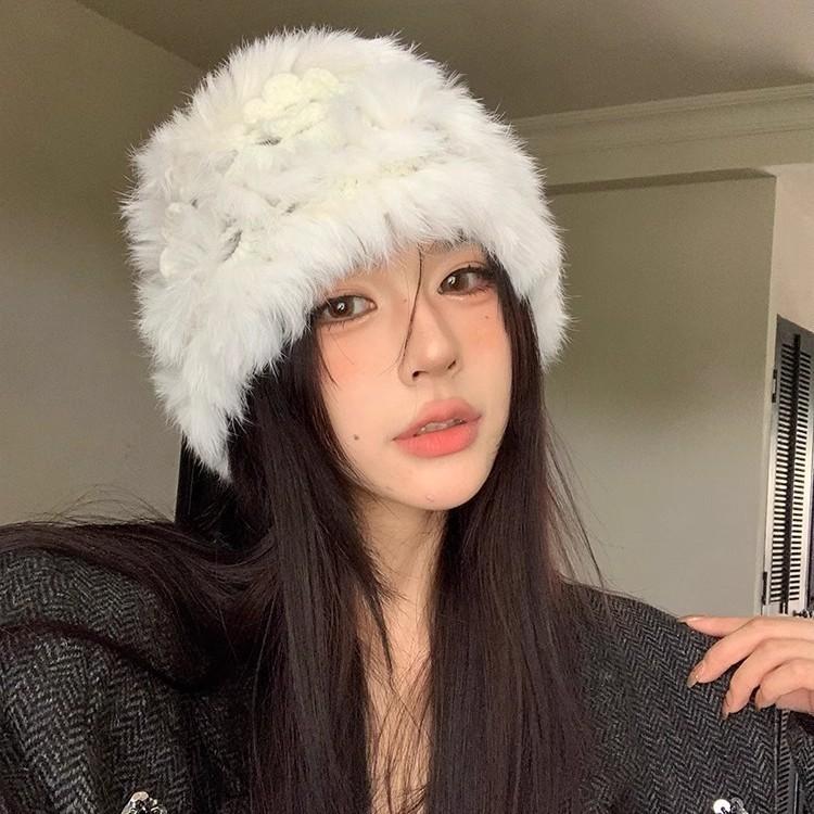 Rabbit Fur Plush Hat Women's Autumn and Winter Hollow Crochet Knitted Hat Thickened Warm Face Small Wool Hat Baotou Hat Tide