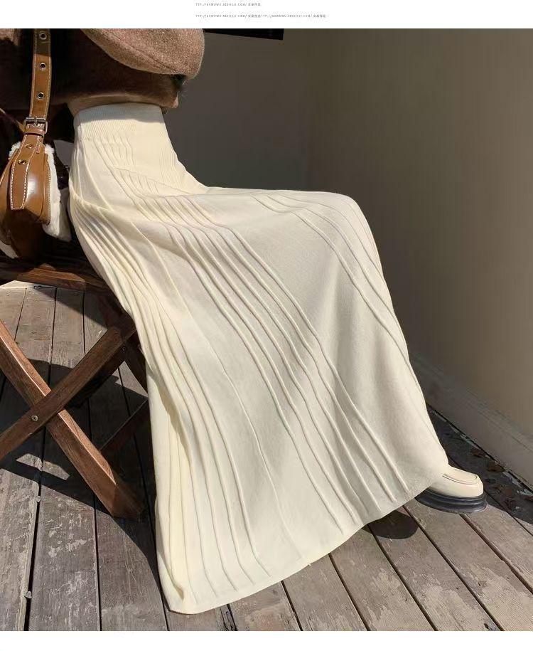 

Women s High-Waist Ankle-Length A-Line Knitted Pleated Skirt - Autumn/Winter Medium миндальный/белый