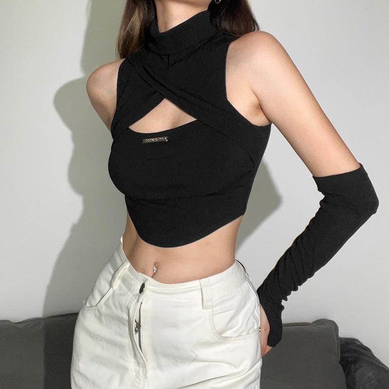 European and American style summer new women's clothing solid color sexy turtleneck sleeveless hollowed-out navel vest
