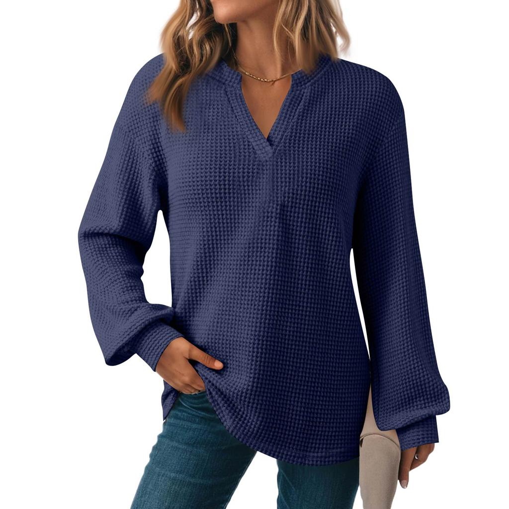 Women's Fashion Long Sleeve  Knit V-Neck Solid Color Casual Top