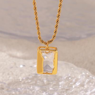 New Rectangular Zircon-Inlaid Copper Pendant Titanium Steel Chain Niche Stacked Wear Wind-Plated 18K Gold Necklace