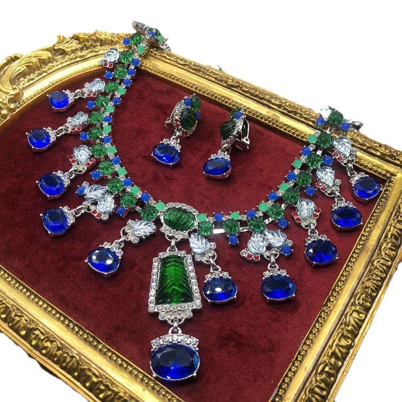KEQIU Western vintage heavy industry blue rhinestone gemstone chain necklace earring