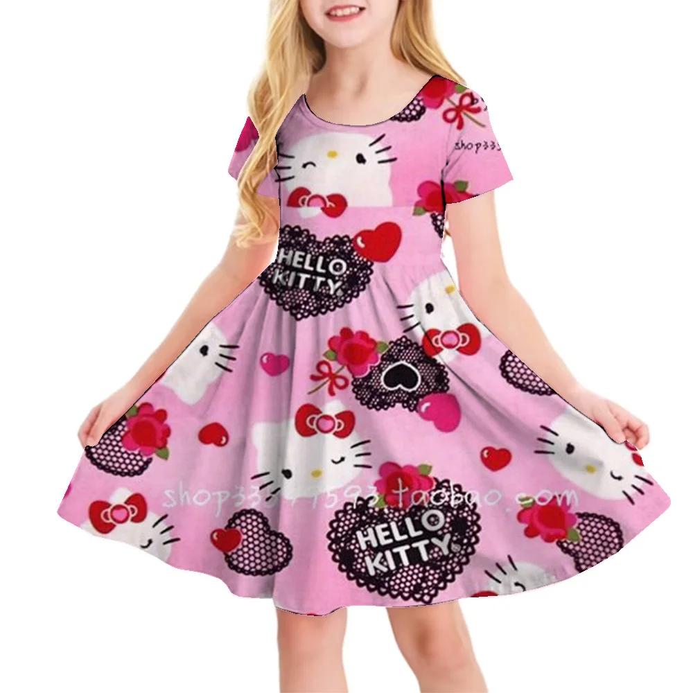 Hello Kitty Printed Children T Shirt Dresses Kuromi My Melody Girls Casual Dress Kids Cute Kitty Clothes for 1-10Y Summer Comfy