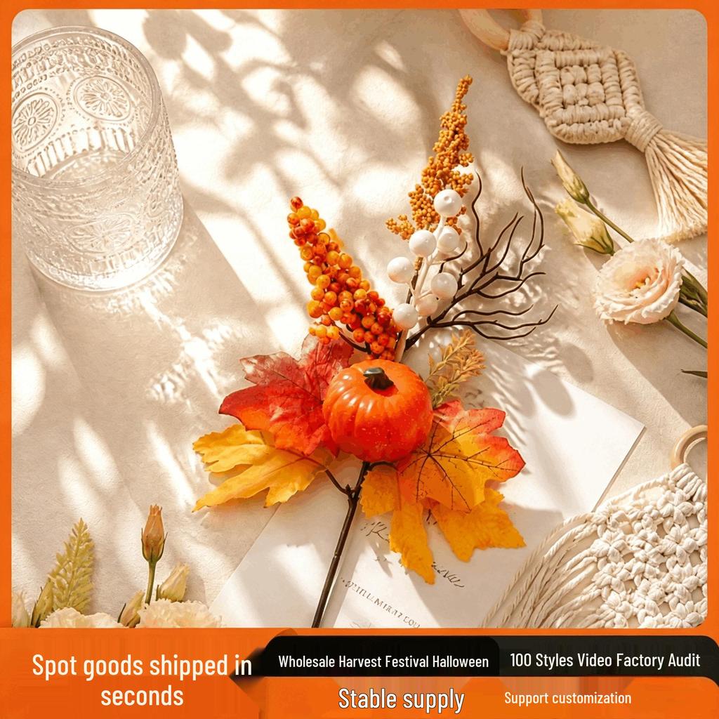 Autumn Harvest Pumpkin & Maple Leaf Vase Arrangement - Artificial Thanksgiving Decoration Art.