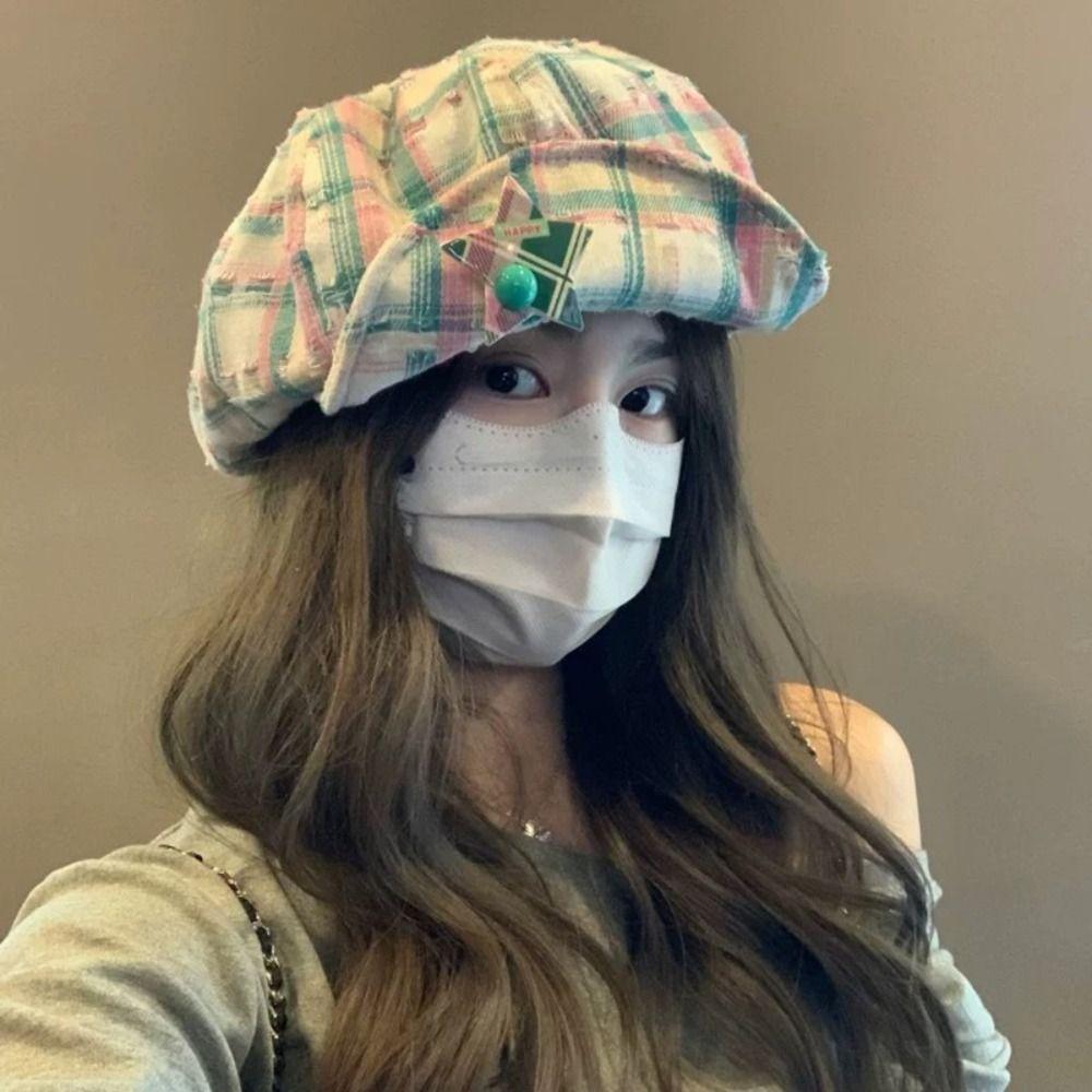 Y2k Octagonal Caps Korean Painter Hat Vintage Plaid Cloud Berets Girls