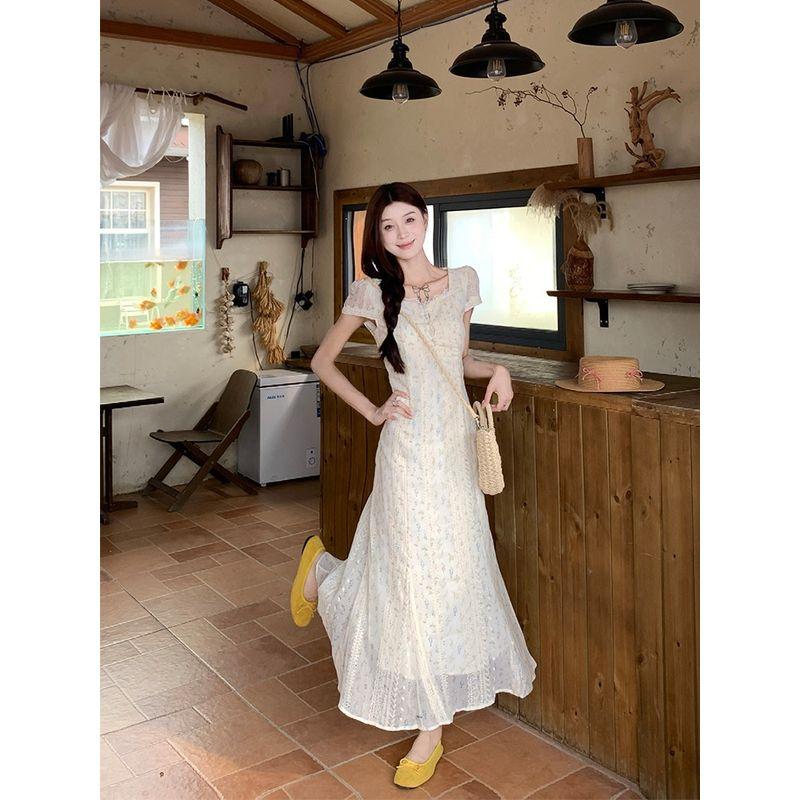 Kumikumi Gentle Floral Lace Edge Short Sleeve Dress Women Autumn Chic Age-Reducing Slimming Tight Waist Long Dress