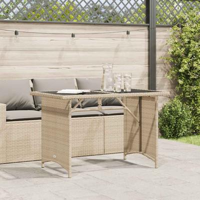Garden Table with Glass Top Beige 110 X 68 X 70 Cm Poly Rattan