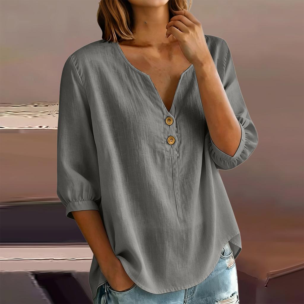 Women's Casual Linen Blend Henley Button Neck Shirt Three Quarter Sleeve Lightweight Loose Fit Top for Everyday Wear