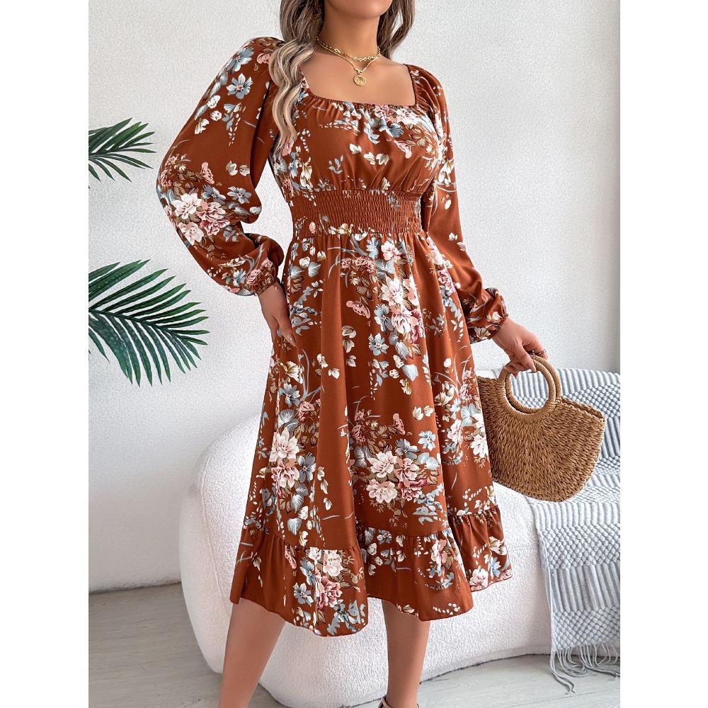 Damen Frühling/Sommer Elegant Floral Quadratischer Ausschnitt Langarm Tailliert Rüschen A-Linien-Kleid