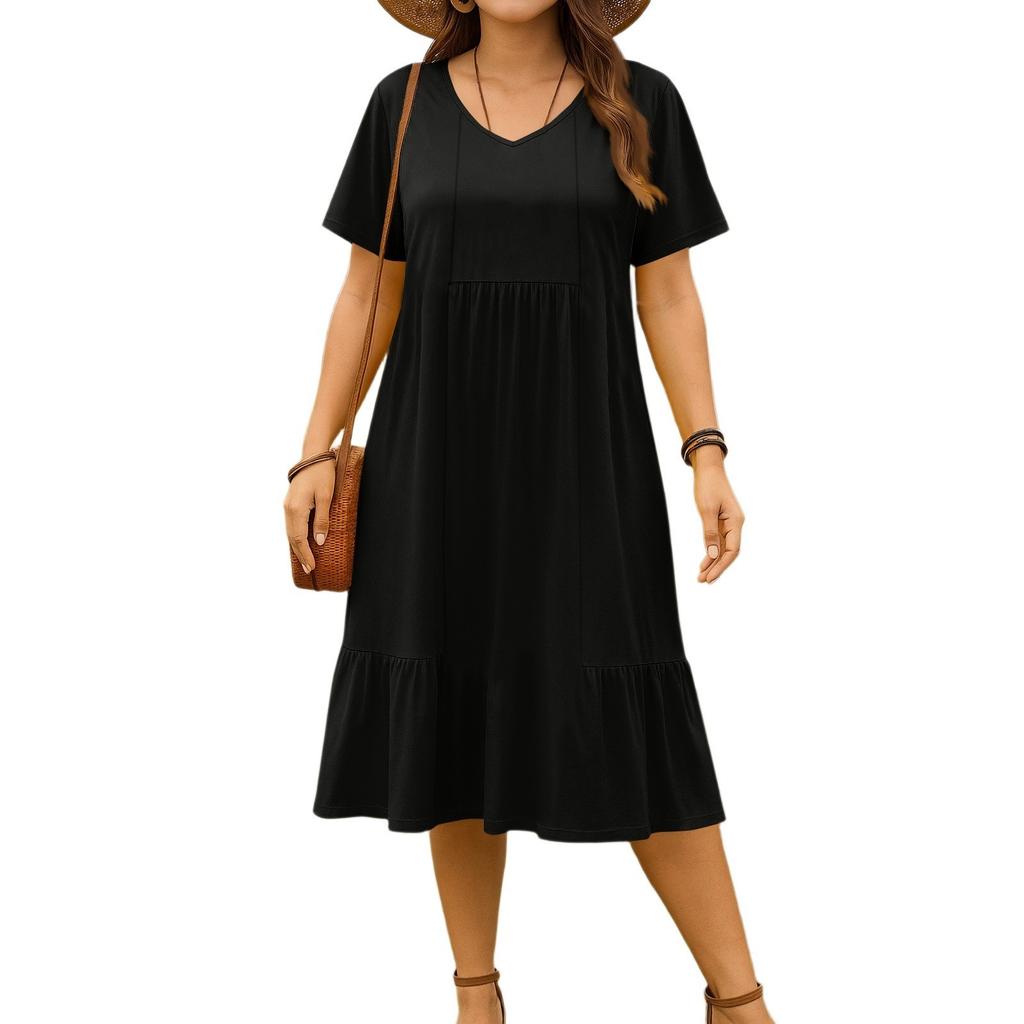 Women's vintage pleated V-neck dress in solid color