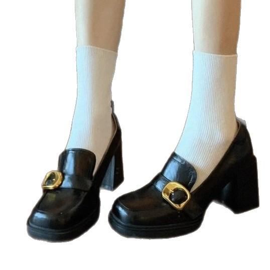 Retro Square Head Thick Heel One-pedal Loafers 2025 Autumn New High-heeled Small Leather Shoes Women's British Style Shoes