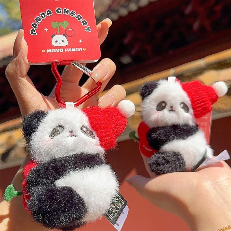 Cartoon Cute Cherry Panda Plush Doll Stuffed Toy Keychain Pendant Key Charm Bag Hanging Ornaments  Accessories Kids Gifts