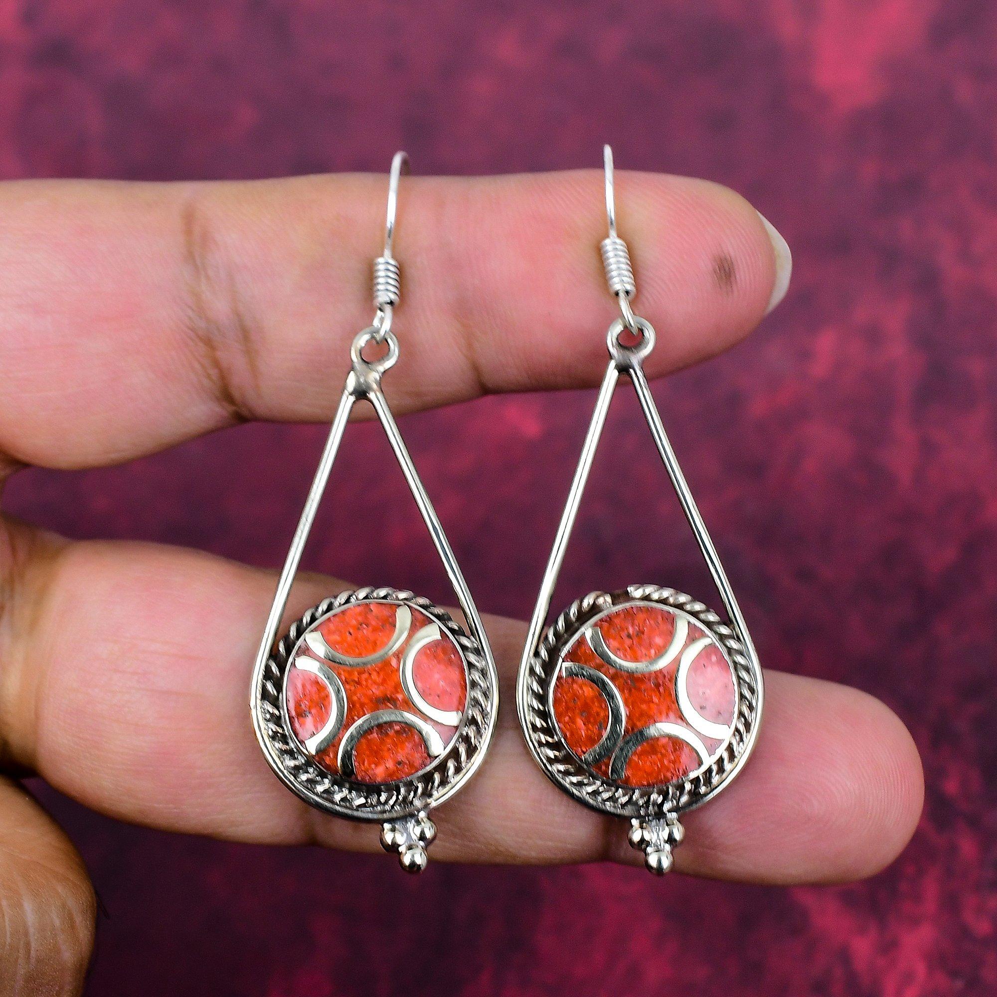 

Коралловые серьги, Ювелирные изделия из стерлингового серебра 925 пробы с драгоценными камнями, Серьги ручной работы, Подарок для любви 2.32 Inches