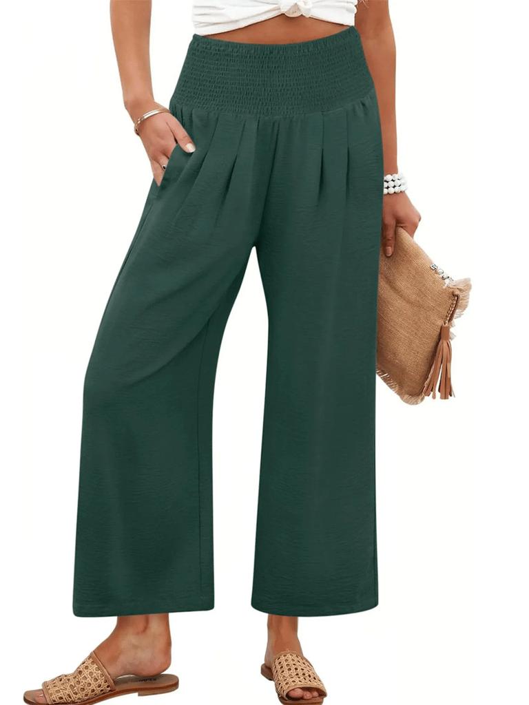 Women's High Waist Elastic Waist Wide Leg Pants In Olive Green