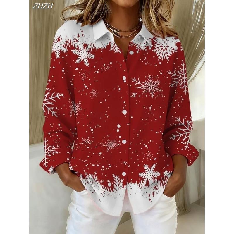 Christmas Women's Shirt Graphic Plaid Snowflake Elegant Vintage Tropical Long Sleeve Shirt Collar Regular Tops Daily Holiday