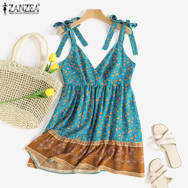 

ZANZEA Женщины Повседневный цветочный принт без рукавов Летнее короткое платье