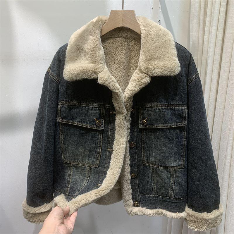 

Женская вельветовая джинсовая куртка с подкладкой из овчины - Зимняя парка в гонконгском стиле 2025 S 80-100