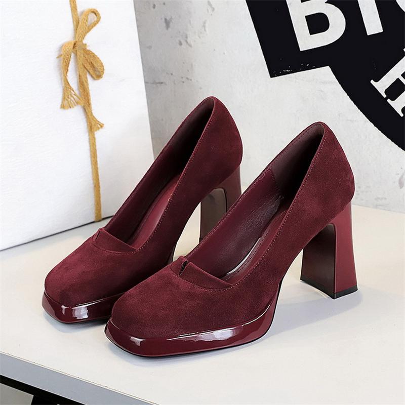 Retro Senior Sense Square Head Suede Women's Shoes Waterproof Platform Thick Heel Super High Heel Shoes Plain Simple High Heels