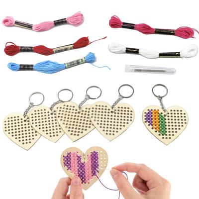 5Pcs Wooden Love Heart Cross Stitch Embroidery DIY Key Ring Keychain
