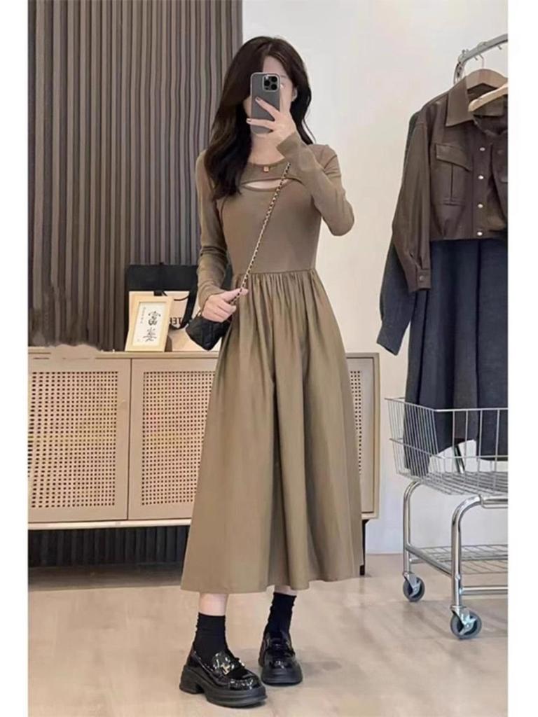 French Style Knit Spliced Long Dress With Hood For Elegant Autumn Women