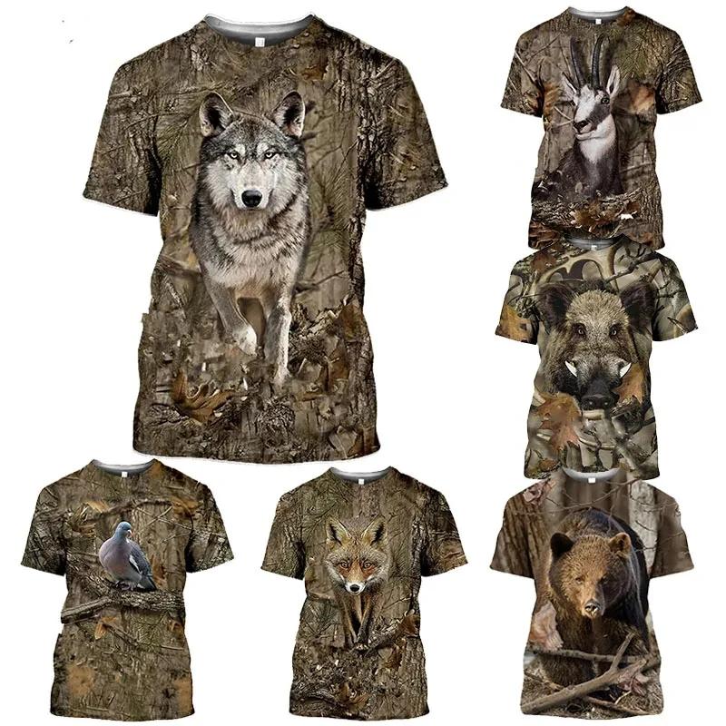 

2024 Casual Hunting Camouflage Print T Shirts New Fashion Wolf Fox Graphic T-shirt For Men Clothing Forest Hunter Male Tops 4XL 6XL