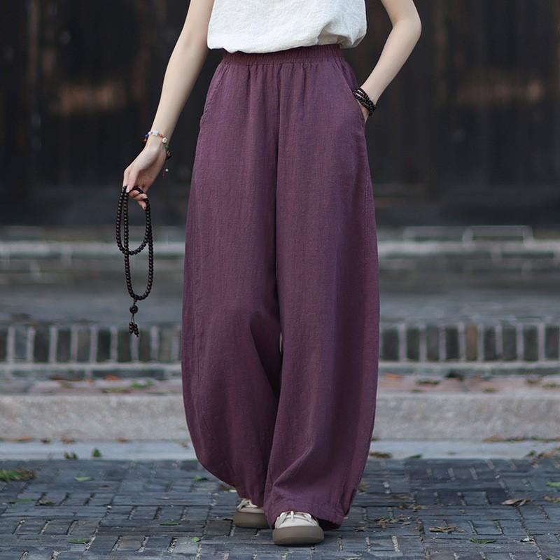 Johnature Women Vintage Bloomers Pants Solid Color Elastic Waist Trousers Autumn Pockets Soft Loose Pants