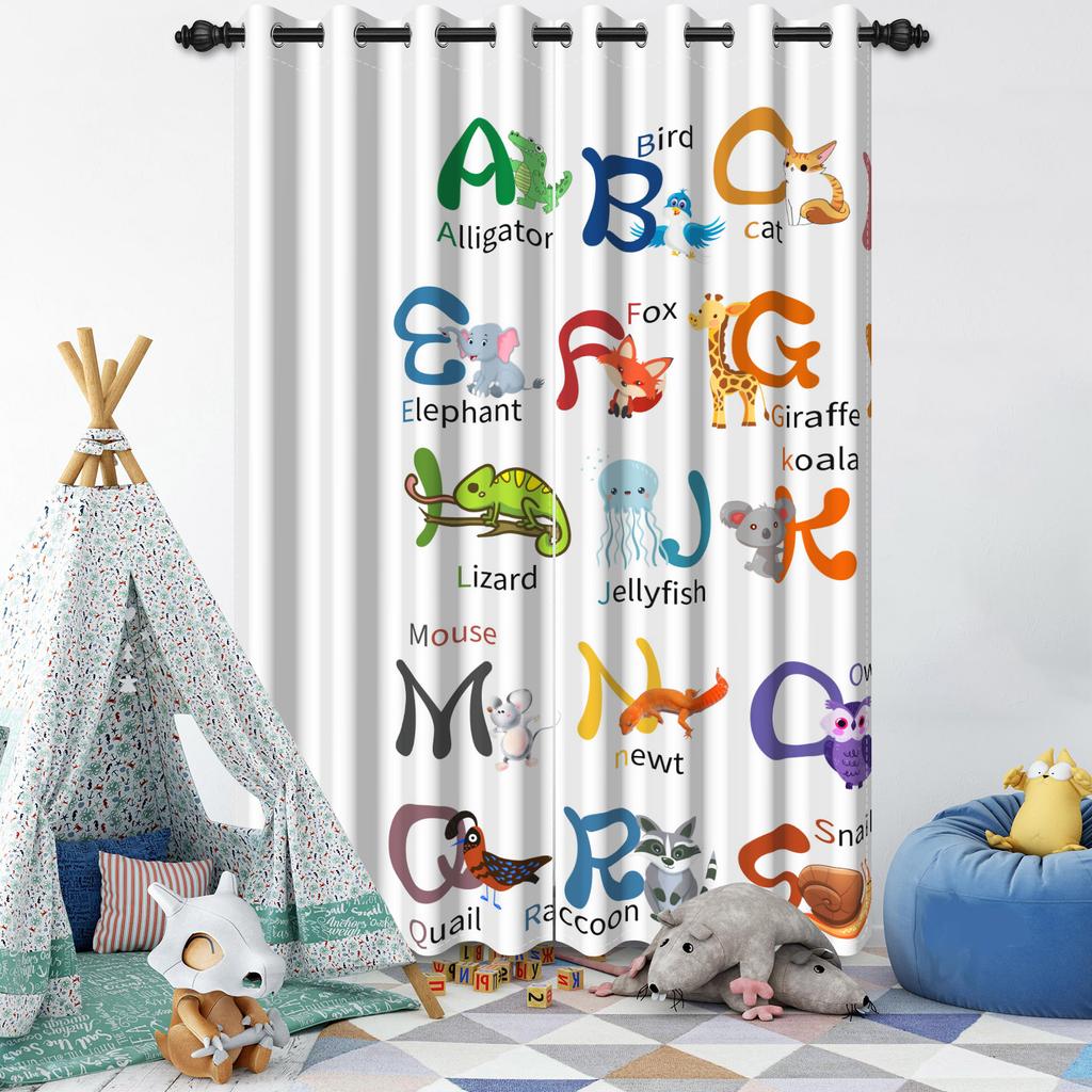 Cartoon Pattern Blackout Curtains 2Pcs Educational Fun Design For Children'S Room Living Room Bedroom Window Decor Grommet Top