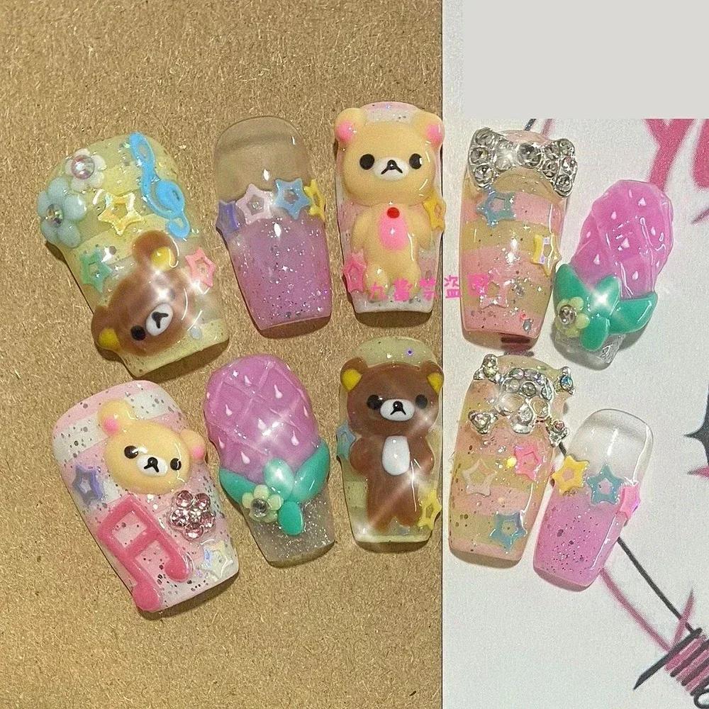 Kawaii Handmade Square Press On Nails Art Party Stickers Cute Flower Panda Bear Animal Custom Acrylic Fake Nails