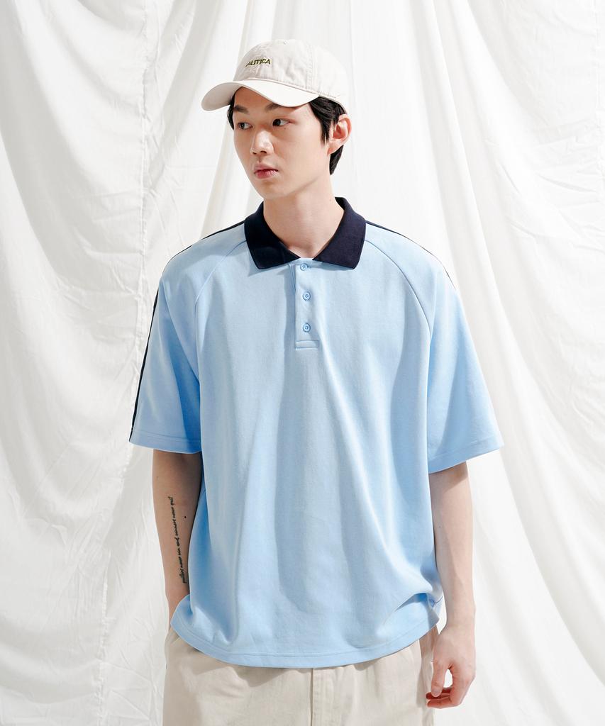 JEMUT Forward Oversized Collared Short Sleeve T-Shirt Light Blue Oyst2559