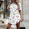 Women Plus Size Collared Neck Short Sleeve Ginkgo Leaf Printed Button Front Curved Hem Shirt Dress White Green