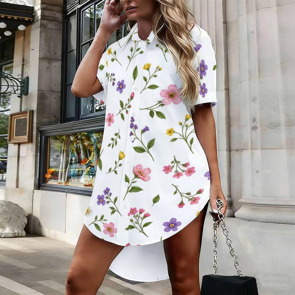 Women Plus Size Collared Neck Short Sleeve Ginkgo Leaf Printed Button Front Curved Hem Shirt Dress White Green