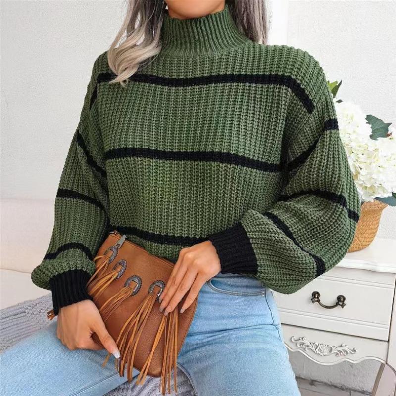 New Turtleneck Long Sleeved Women Striped Pullover Sweater Elegant Autumn Winter Loose Fashion Casual Office Tops Lady Knitwear Clothes