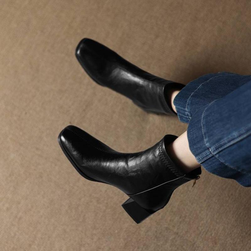 Autumn and winter solid color leather medium boots rear zipper medium heel large size women's boots square heel comfortable leather boots new f