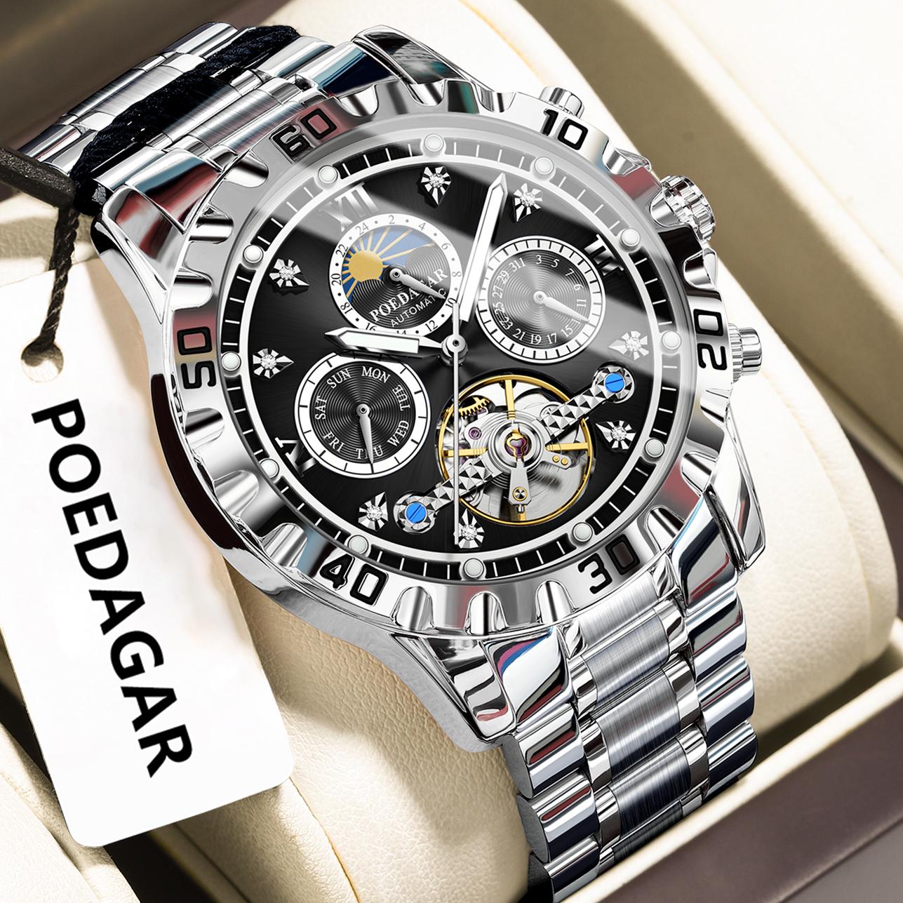 POEDAGAR Luxury Men Clock Mechanical Waterproof